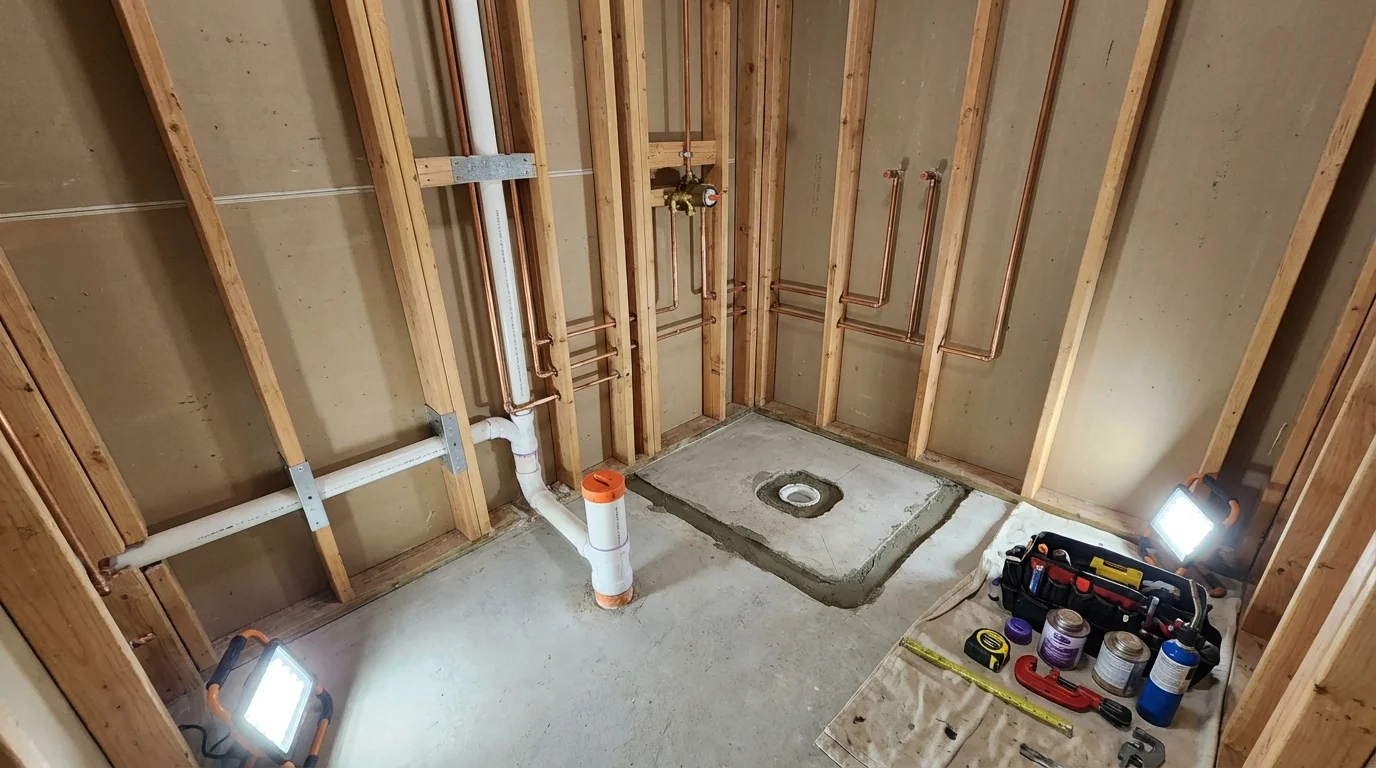 Bathroom rough-in plumbing during remodel by Johns Plumbing LLC in Belzoni