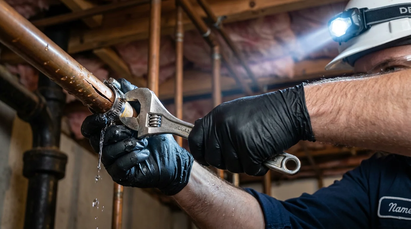 Emergency pipe clamp repair being performed by a Johns Plumbing LLC plumber in Belzoni