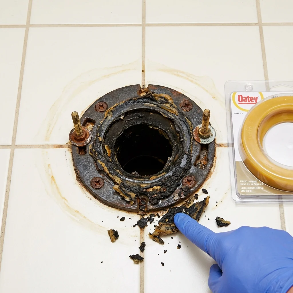 Failed wax ring showing water seepage at the base of a toilet in a Belzoni, MS home