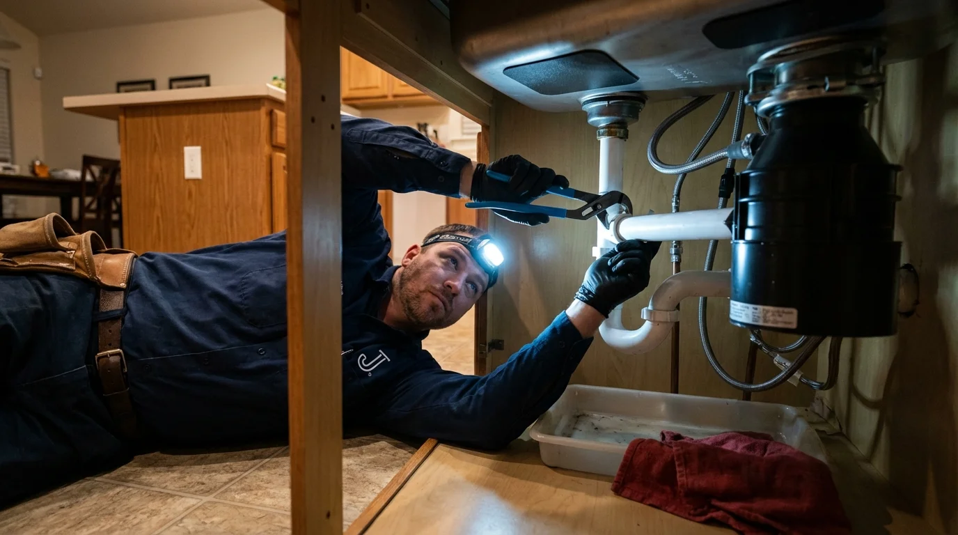 P-trap and supply line connections under a kitchen sink showing a common leak point in Belzoni, MS